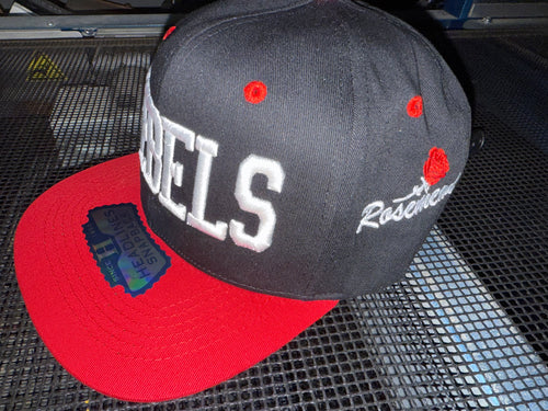REBELS -RED ZONE 2025 SNAP BACK ADULT CAP - BLACK/RED WITH 3D LOGO EMBROIDERED FRONT AND ROSEMEAD WITH ROSE ON SIDE