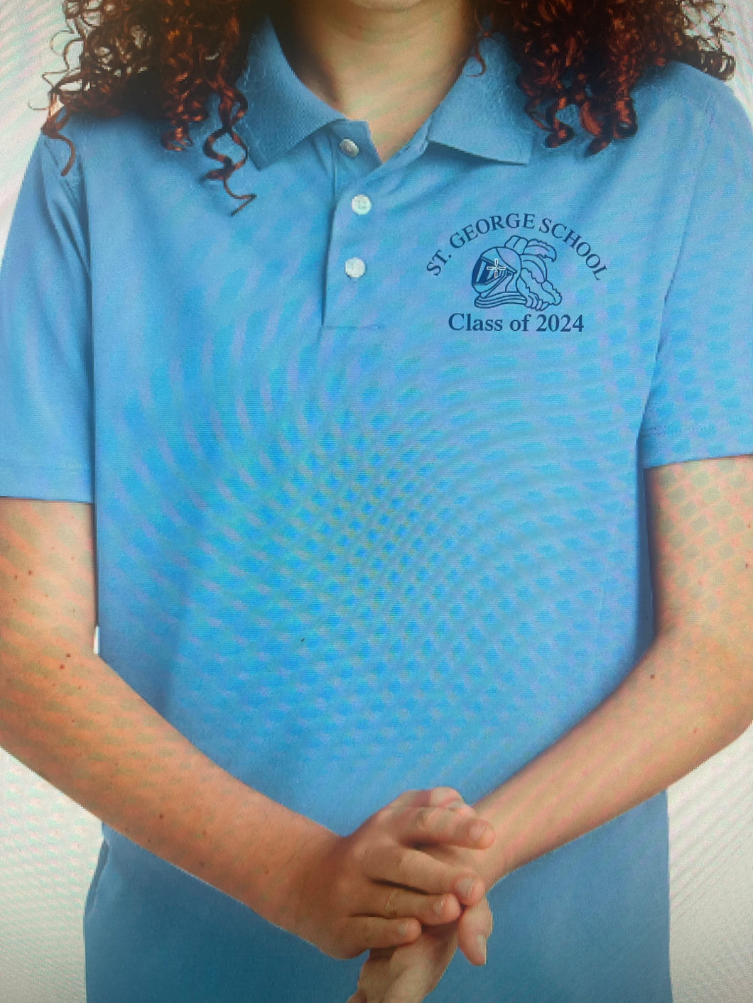 St. George School Polo.  Light Blue with Dark blue embroidered logo. Class of 2024.