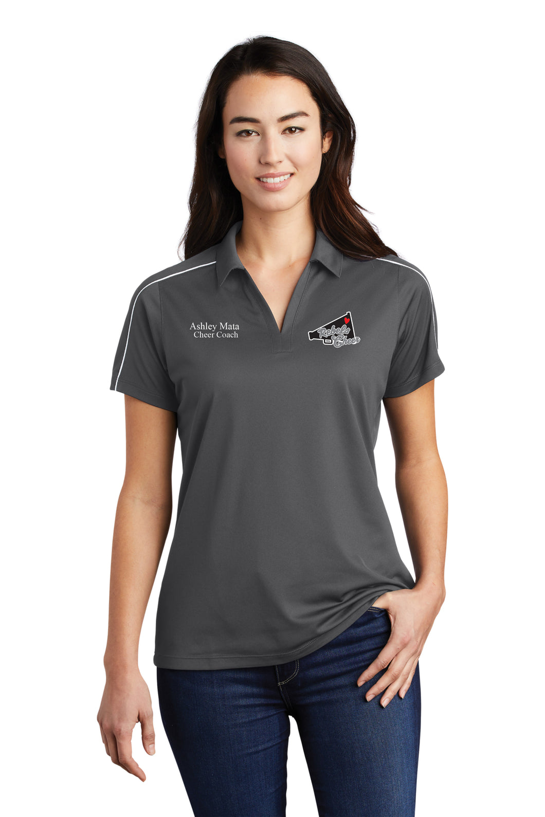 REBEL CHEER POLO 2024 - GRAPHITE + WHITE STRIPE - WOMEN AND MEN CUT AVAILABLE