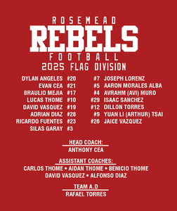 COACH CEA FLAG TEAM 2025 ONLY -ROSEMEAD REBELS - COTTON RED HOOD WITH ROSTER