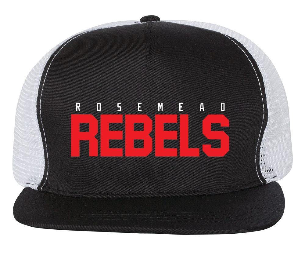REBEL MESH BACK BLACK/WHITE 2023 STYLE - SNAP BACK ADULT CAP - BLACK WITH LOGO EMBROIDERED