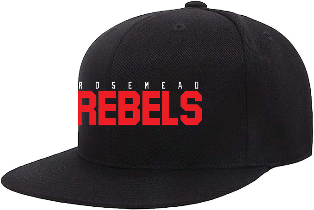 REBELS - 2023 STYLE SOLID HAT - SNAP BACK ADULT CAP - BLACK WITH LOGO EMBROIDERED